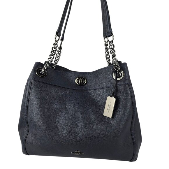 Coach Edie Turnlock Edie Shoulder Bag in Pebble Navy Blue Leather 13" x 11" x 5" - Picture 1 of 11